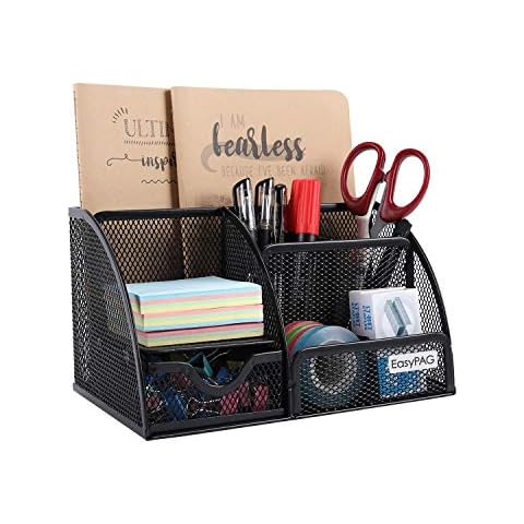 EasyPAG Mesh Desk Organizer with Drawer Cute Multi-functional Desktop Pencil Holder Stationery Caddy for Office, Home, School, Classroom, Black Cover