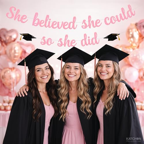 Image of KatchOn Medical College 2026 Graduation Party Decorations 10 Feet Glitter She Believed She Could So She Did Banner, Pink You Did It Banner, Pink Graduation Decorations 2026