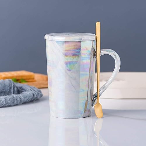 YUESITE Taza de café de cerámica de 12 onzas, tazas altas de café iridiscentes, lindas tazas de café de cerámica para mujeres Mon, aptas para