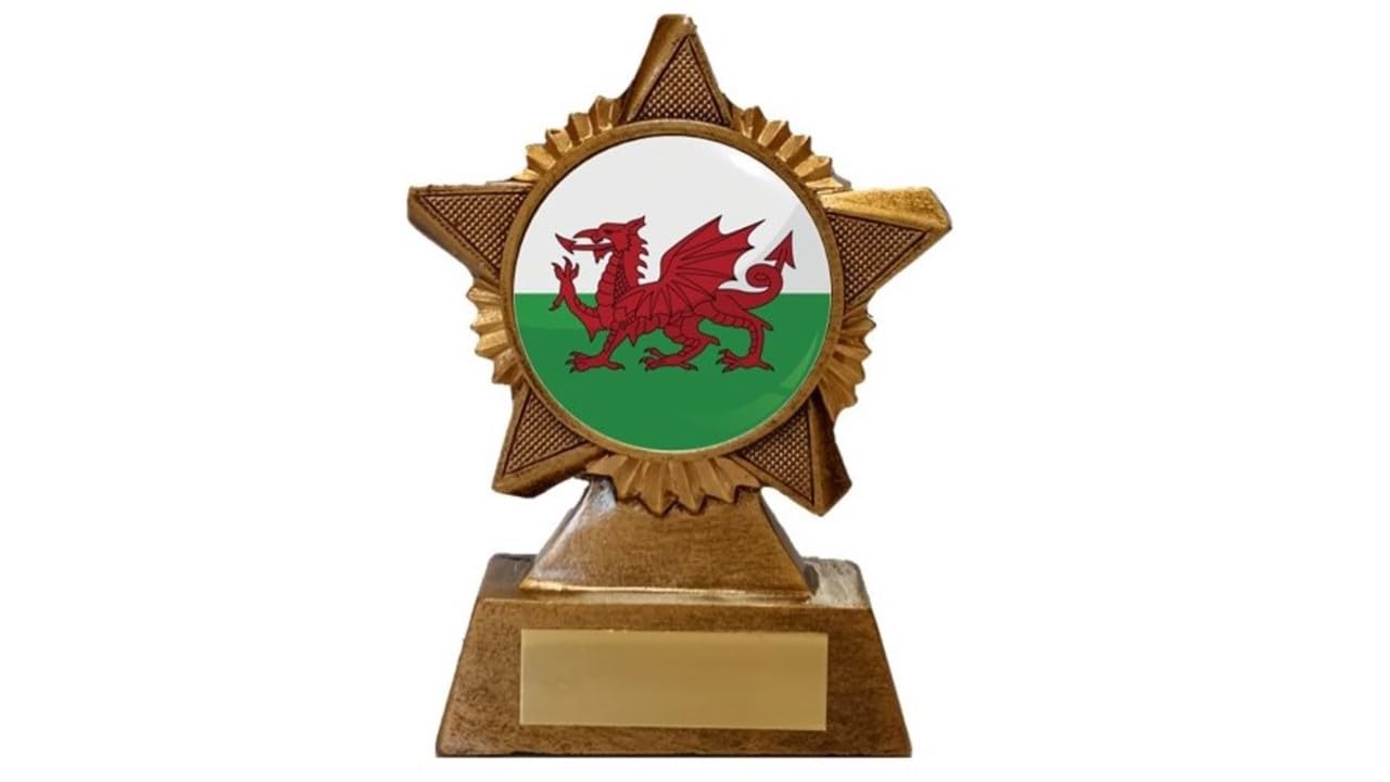 Troshow Antique Gold Wales Flag Trophy Award Premier Star 120Mm Heavy Resin Welsh Dragon Free Engraving -Troshow1-Aa