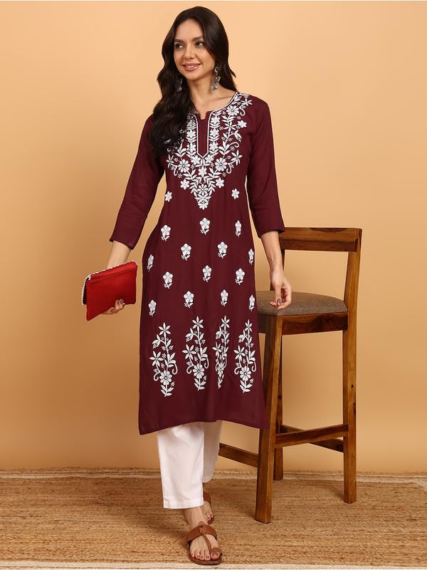 Image of Women Pink Ethnic motifs Embroidered Lucknowi Chikankari Long Kurti
