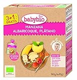 Sin leche Babybio - Bolsita De Fruta Bio - Manzana Albaricoque Plátano Bio - 4X90 G - 6+