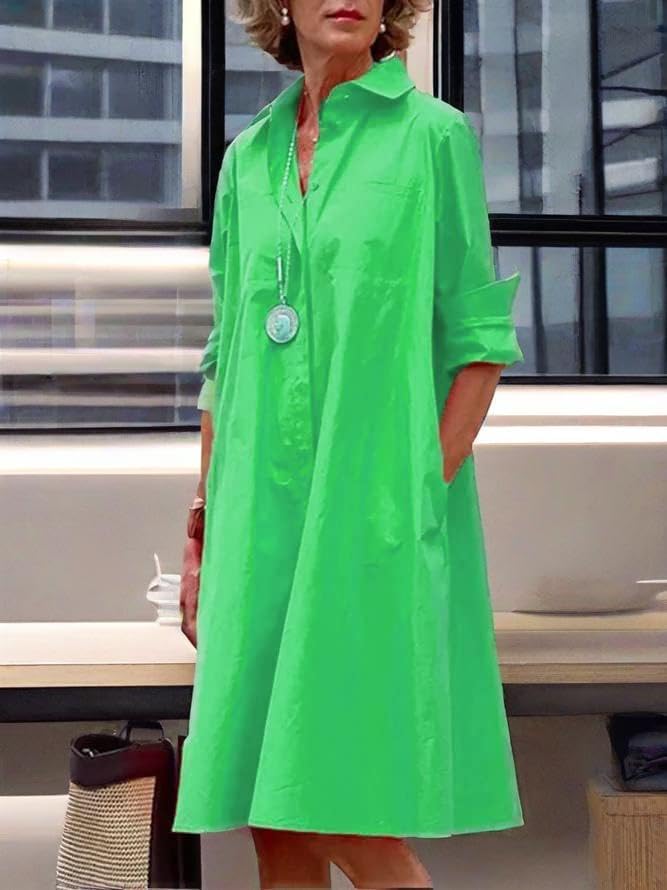 Womens 2025 Long Sleeve Button Down Shirt Summer Dress Casual V Neck Loose Fit Midi Shirt Dresses with Pockets - Image 5