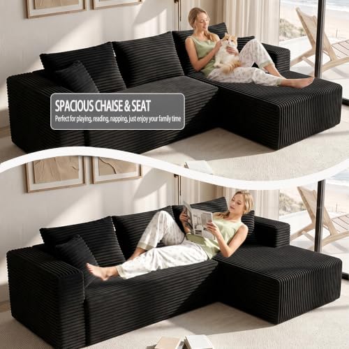 Image of 93 inch Boneless U-shaped Couch for Living Room, Black, Right Facing Chaise