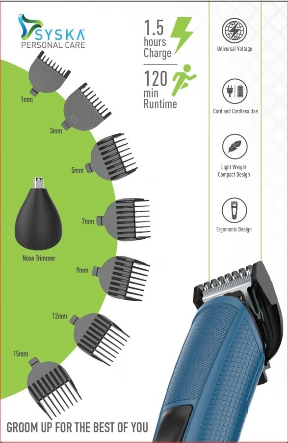 Image of SYSKA HT490K Professional 10-in-1 Grooming Kit for Men|Rechargable Beard Hair Nose Trimmer|120 min Runtime with Hidden LED Indicator|Advance Roto-tech Technology|Free Travel-Friendly Storage Pouch| 2-Year Warranty