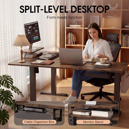 Image of Furmax 63 x 47 Inch L Shaped Standing Desk with 2 Preset Heights, Electric Height Adjustable Computer Desk, Corner Sit Stand Desk for Home Office, 2 Hooks & Feet Balance (Rustic Brown, 63 x 47 Inch)