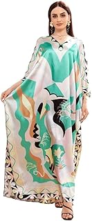 Elegant style V-neck Printing Irregular Split fork Bat sleeve Kaftan (Green, F)