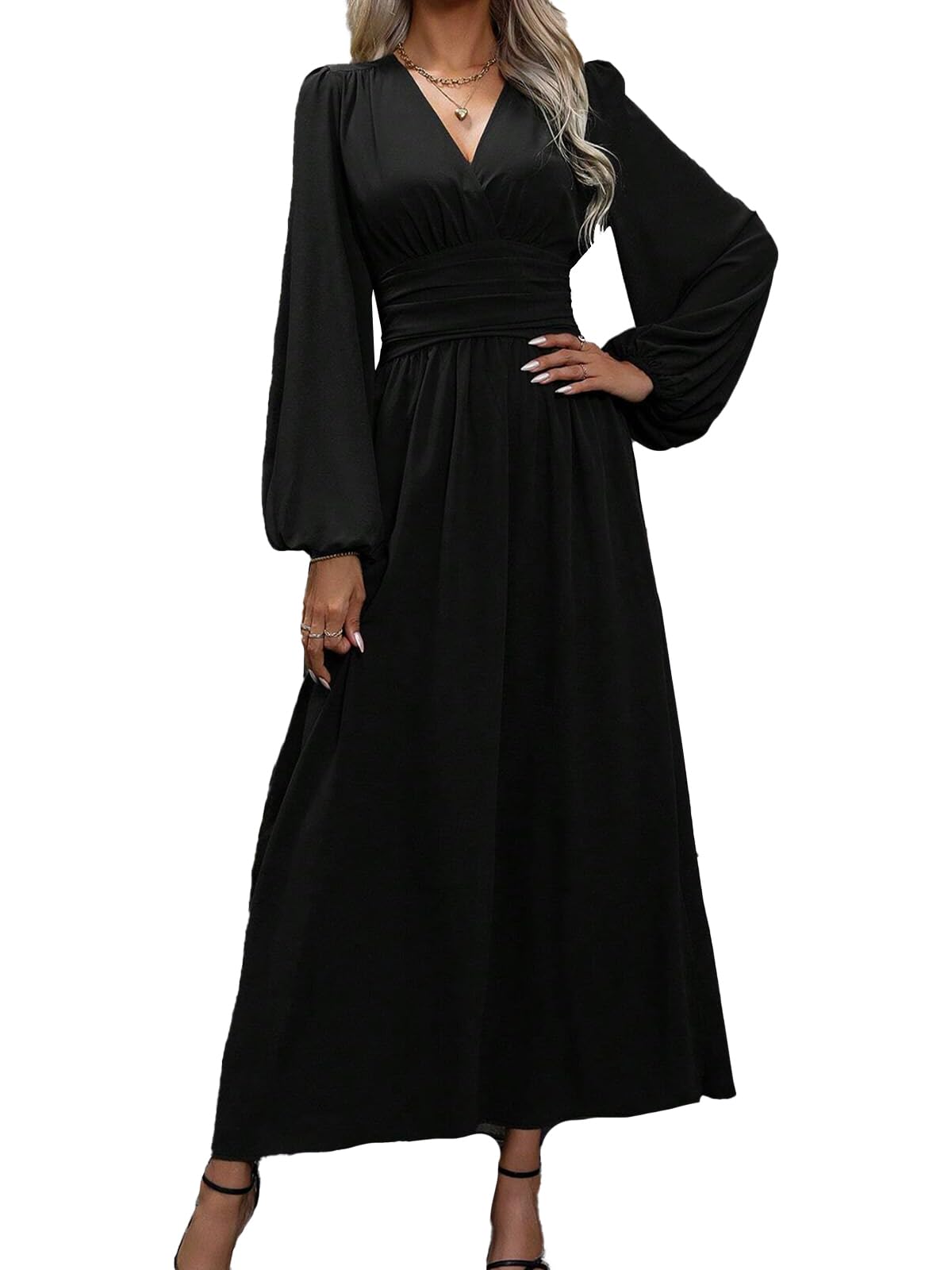 Abito Elegante Donna Scollo a V Plissettato Vita Alta Abito Lungo con 2 Side Spaccato Causal Manica Lanterna Vestiti Autunno Iinverno Abiti