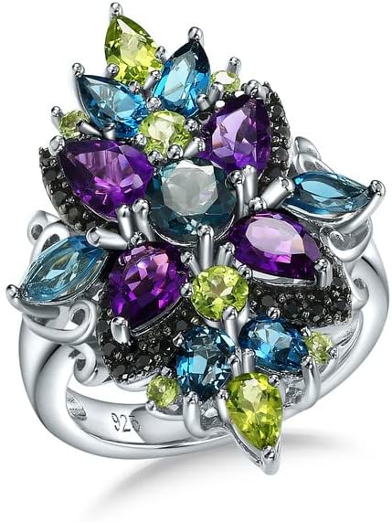 Cocktail Rings for Women Natural Multicolor Gemstone Engagement Ring 925 Sterling Silver Wedding Anniversary Jewelry Gifts Size 6 to 10