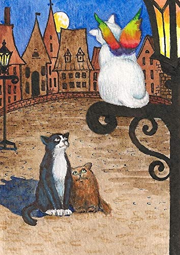 5x7 INCH PRINT OF ORIGINAL PAINTING RYTA AA SPIRITUALITY ANGEL TUXEDO CAT TABBY WHITE INTERIOR HOME HOUSE DESIGN DECOR DECORATION FINE WALL ART SPONSORSHIP