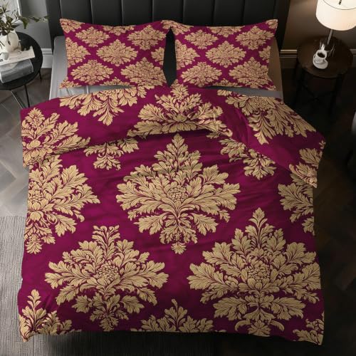 Housse de couette 220x240 bordeaux avec 2 taies d'oreiller motif baroque - 5