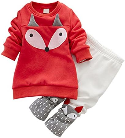 Molil Baby Girls Winter Long-Sleeved Cartoon Fox Thick Velvet Sweater Suits Set (S, Red)
