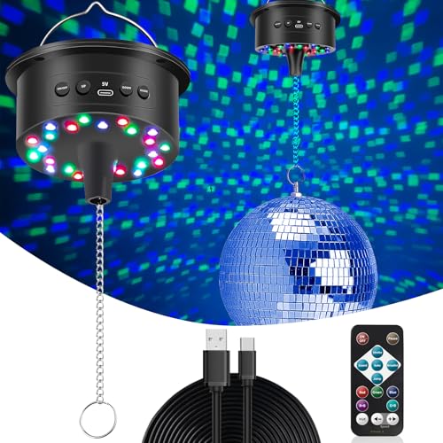 Disco Ball Motor with 17FT USB Cable 3-15 RPM & 30 LEDs Disco Ball Motor with Remote for 4 6 8 12 Balls for Party Wedding (USB/Battery Powered and No Ball)