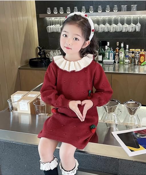Girls Sweater Dress Ruffled Collar Pom Pom Cherry Decorated Knit Long Sleeve Dress Girls Cute Dress for 2-7 Years4