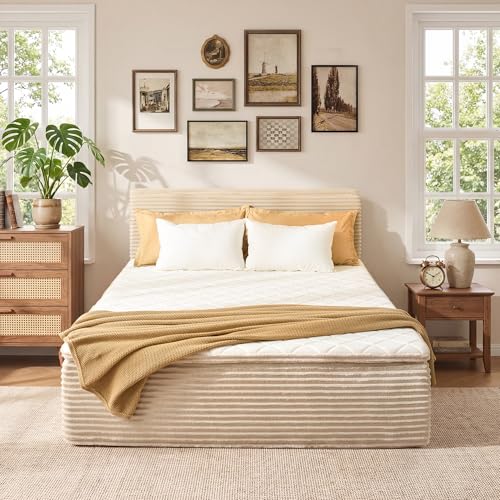 Queen Boneless Bed Frame with Mattress 16 Inch Memory Foam Mattress with Plush Fabric Upholstered Bed Frame Platform No Assembly Required Cool Night & Relieve Pressure with Medium Support Beige