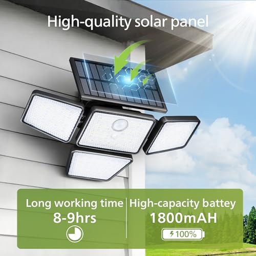 Philips Solar Security Light Outdoor, 196 LED Wall-Mounted Flood Light w/PIR Motion Sensor, 3 Modes, 4 Adjustable Heads Solar-Powered Floodlights with Remote Control, IP65 Waterproof 2PK image 7