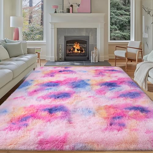 Large Rugs 8x10 Area Rugs for Living Room,Plush Fluffy Carpets for Girls Room, Modern Soft Shag Rug for Bedroom, Non Slip, Indoor Carpet for Kids Dorms Home Office Decor, Hot Pink Rainbow