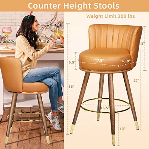 Seekfancy 27" Swivel Bar Stools Set Of 2, Counter Height Bar Stools With Back, 360 Swivel Bar Chairs With Wood Legs And Footrest, Upholstered Orange Bar Stool For Kitchens Island, Rustic Bar, 300Lbs #TOP1