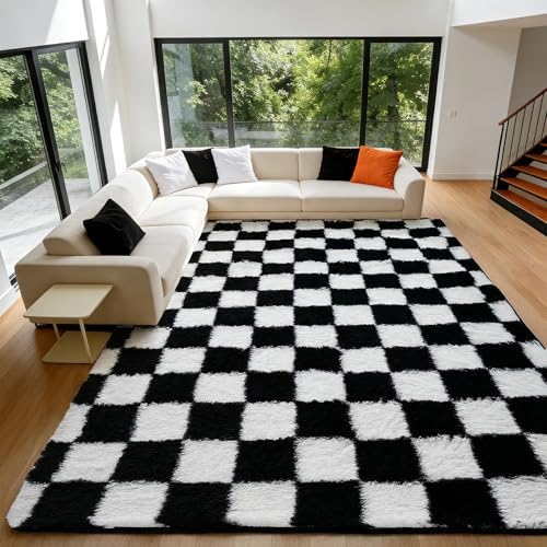 Tapete Shag de Cuadros 4x6, Negro y Blanco miniatura 2