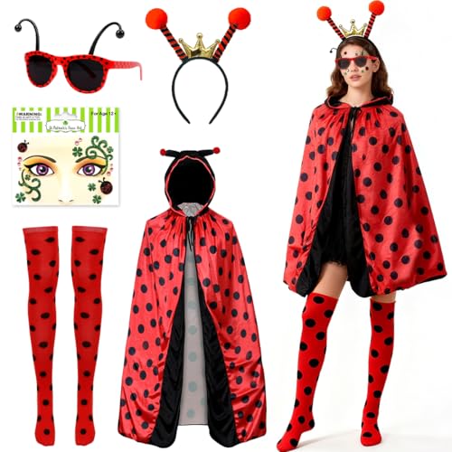 Marienkäfer Kostüm Damen, Marienkäfer Umhang Erwachsene, Marienkäfer Cape mit Kapuze für Faschings, Karneval Marienkäfer-Kostüm Damen,...