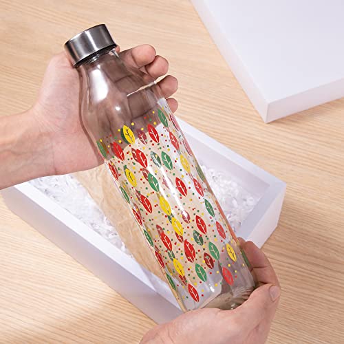 Image of SAND DUNE Set of 6, 800 ml Each Coloured Leaves Printed Glass water bottle, with Leak-Proof Airtight Stainless-Steel Lid for Water, Smoothie, Juices - Reusable Travel Glass Drinking Fridge Bottles