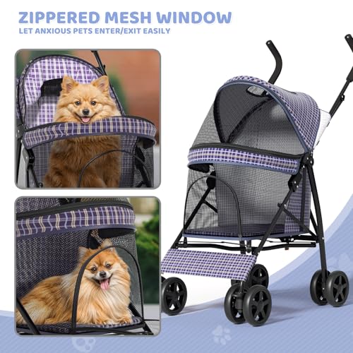 Image of Magshion Compact Fold Pet Travel Stroller for Small Dogs Cats, Plaid | Up to 22lbs, 4-Wheel Lightweight Umbrella Shaped Design, Safety Tethers, Breathable Mesh, Cup Holder & Rear Storage