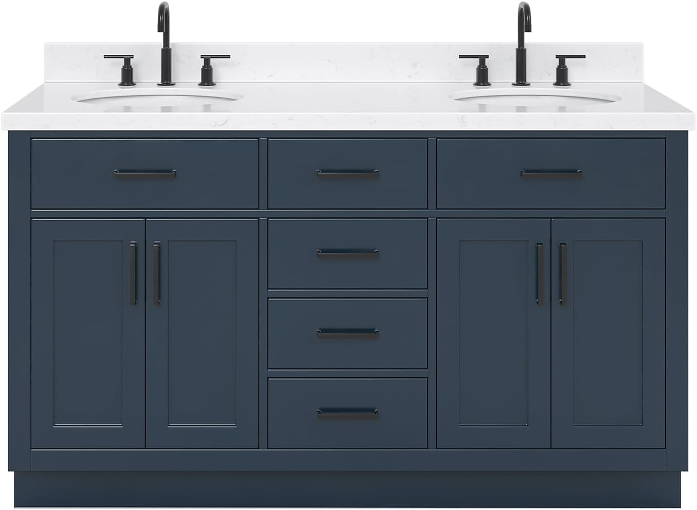 ARIEL Hepburn 60-inch Bathroom Vanity with Sink,Solid Wood, 1.5-inch Carrara White Quartz Countertop, Double Oval Porcelain Sink, 4 Soft Closing Doors, 6 Dovetail Drawers, Midnight Blue