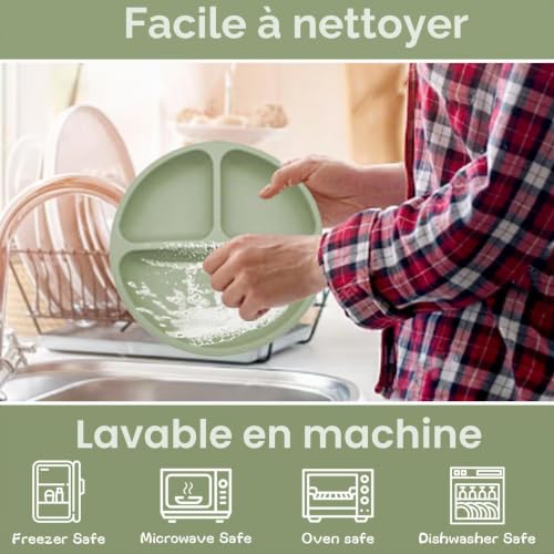 12 pièces Coffret Repas Bebe Silicone, Assiette bebe Set avec Ventouse Assiette Bol Fourche Cuillère Bavoir et Tasse, Enfant Set Couverts Vaisselle Pour Sevrage Manger (Vert) – vue 7