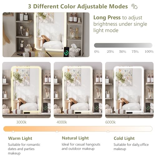 Image of Small Vanity Desk with Mirror and Lights, Makeup Vanity with LED Lights, Grey Vanity Mirror with Lighted Desk and Chair, 3 Lighting Adjustable Compact Dressing Table with Mirror for Women, Girls