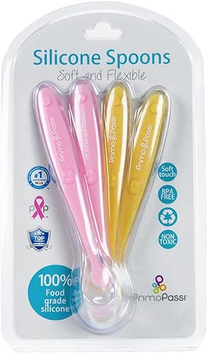 Primo Passi - Baby Infant Toddler Best Soft - Cucharas de alimentación de silicona con punta I Entrenamiento de primera etapa I Juego de regalo de 4