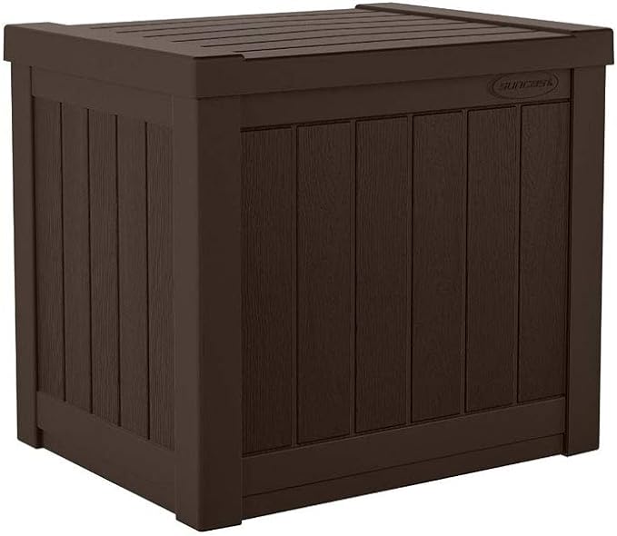 Suncast Small Outdoor Storage Box - 22 Gallon Java Resin Outdoor Deck Box, Flat-Lid Bench Seating, Patio Storage Bin Container for Organizing Tools, Cushions for Porch, Deck, Pool, & Garden