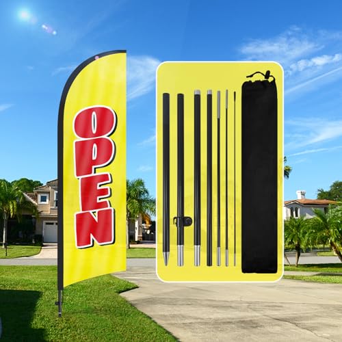 QSUM Open-Federflagge,8FT Open-Werbe-Swooper-Flagge mit Stangen-Set, Erdspieß,Open-Schilder für Unternehmen und Schaufenster(Gelb)