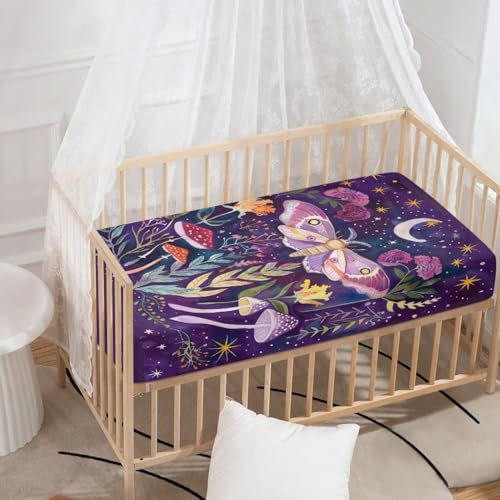 Image of Mushroom Moth Crib Sheets for Baby Girls - Super Soft, Breathable Fitted Sheets (28''x 52'') - Butterfly Moon, Purple