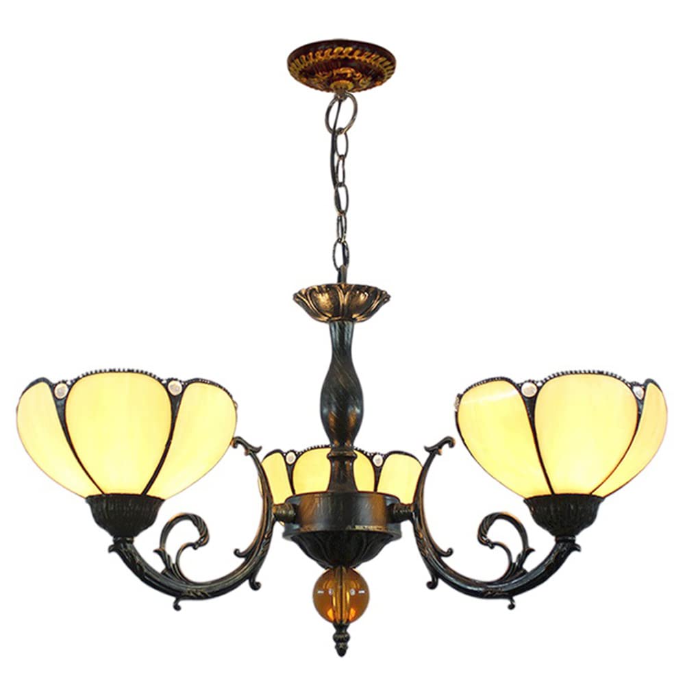 FYZDLAOR Yellow Mediterranean 3-Light Chandelier,Adjustable Pendant Light Light Fixtures,Tiffanystyle Stained Glass Hanging Light Wide 22 Inch Height 32 Inch