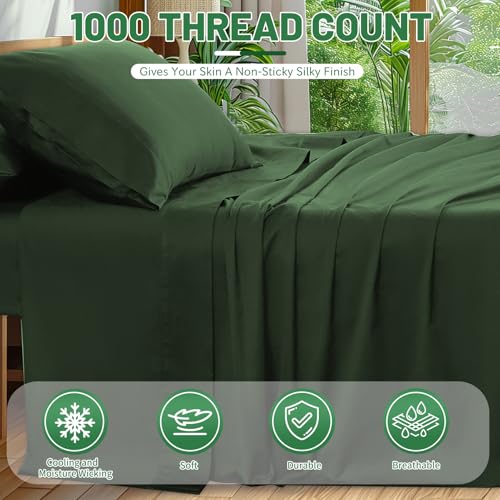 Image of 1000 Thread Count Egyptian Cotton Sheets Queen Size Set 4PCS Sateen Weave Soft Breathable 16-Inch Deep Pocket(Queen,Forest Green)