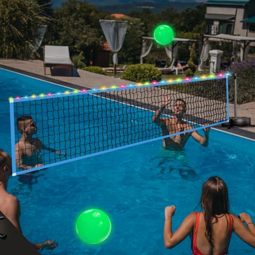 Yiwsnust Pool Volleyball Net with Light - Portable Outdoor LED Volleyball Net with 2 Glowing Balls and Weighted Bases, Swimming Pool Sports Game Set, Adjustable Length 15-30FT for Inground Pools