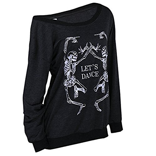LuFeng Women's Christmas Halloween Off Shoulder Skeleton Printing Funny T-Shirt Long Sleeve Sweatshirts Pullover Tops - Image 3