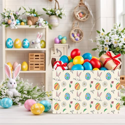 Image of Large Cute Easter Basket for Kid Empty Gift Baby Rectangle Storage Bin Bunny Eggs Boy&Girl Room Decor (Egg Rabbit Flower)