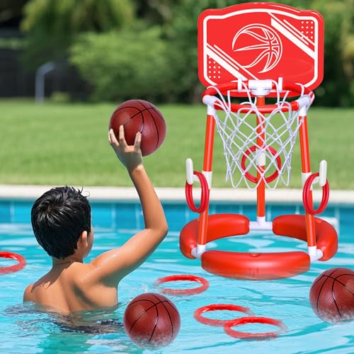 AuroTops Pool Basketball Hoop with Backboard Ring Toss Games for Kids and Adults,Floating Basketball Pool Toys,Swimming Pool Toys,Family Pool Party,Summer Gifts,Pool Games,Include 2 Balls and Pump,Red