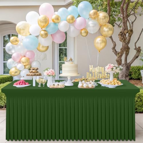 Image of Smiry Spandex Elastic Fitted Table Cloth Skirt for 4FT Rectangle Table | Stretch Washable Table Cloth, Banquet Table Cover for Wedding, Party, Indoor & Trade Shows, (Olive Green, 48Lx30Wx30H)