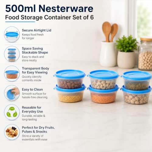 Image of Cutting EDGE Nesterware 500ml Stackable Food Container (Set of 6, Blue) | BPA-free plastic, stackable design, leak-proof, kitchen storage, pantry, fridge, meal prep, reusable, travel use
