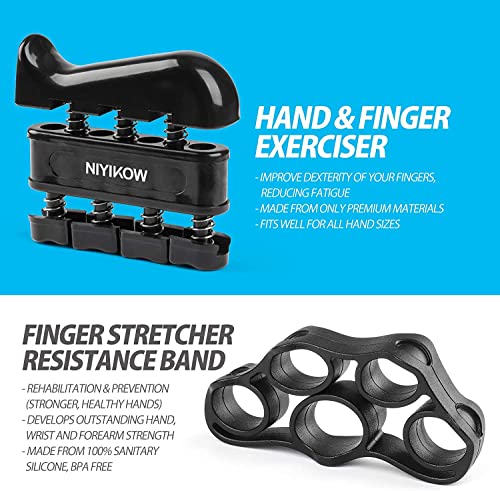 Niyikow Grip Strength Trainer Kit (5 Pack), Counting Grip Strength, Adjustable Hand Grip Strengthener, Finger Trainer, Finger Stretcher, Grip Ring & Stress Relief Grip Ball With Carry Bag - Black #TOP3