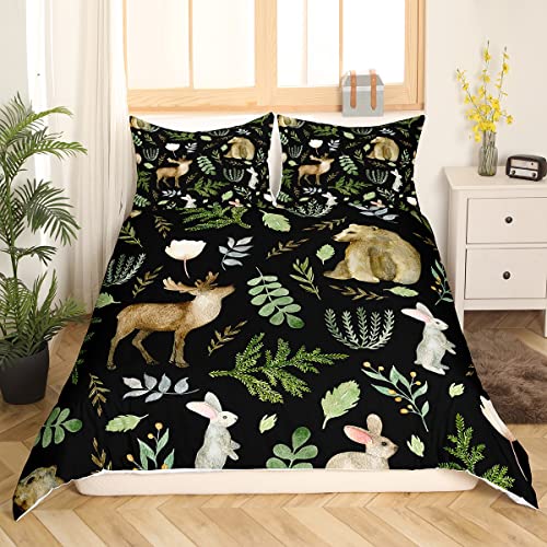 Watercolor Wild Animal Comforter Cover King Size,Deer Bear and Rabbit Print Bedding Set for Modern Room,White Flowers Green Leaves Plant Duvet Cover Set including 2 Pillowcases - Image 2