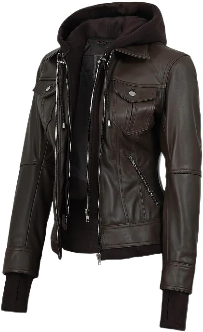 Blingsoul Hooded Leather Jacket Women - Real Lambskin Womens Leather Jackets with Detachable Hood