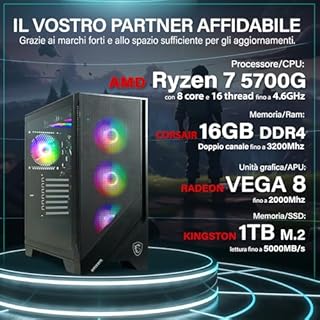 HYPER BYTE® - Gaming PC - Set completo con AMD Ryzen 7 5700G fino 4,6 GHz | 16GB DDR4 | 1TB SSD | Watercooling | Monitor 25 pollici | mouse & tastiera | QWERTY| Win11 Pro | Computer fisso per gamer