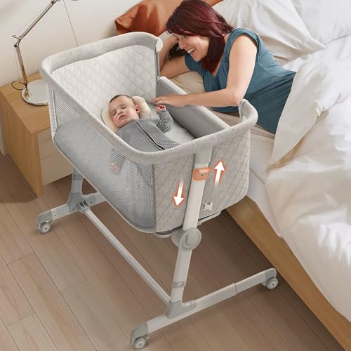 Image of STARMONS Baby Bassinets, 9 Height Adjustable Bedside Bassinet for Baby, Bedside Sleeper Bassinet with Breathable Mesh and Lockable Wheels, New Born Baby Essentials Must Haves