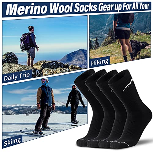4 Pairs Organic Merino Wool Socks For Men Moisture Wicking Hiking Running Socks Everyday Thermal Crew Boot Cushion Socks All Season, Black #TOP4