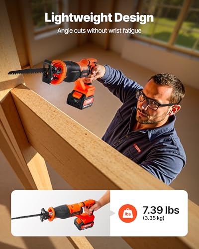 Image of VEVOR 20V Brushless Reciprocating Saw, Cordless Reciprocating Saw with Battery, 3000 SPM Variable Speed, 1 inch Stroke Length Charger, 8 Blades, and Carrying Bag, for Wood, Metal and Plastic Cutting