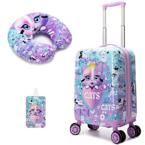 Image of Cute Cat Kid's Luggage Set 2 Piece Suitcase Set 16 inch Hardside Luggage with Spinner Wheels Girls Carry on Toddler Travel Rolling Luggage Airline Approved