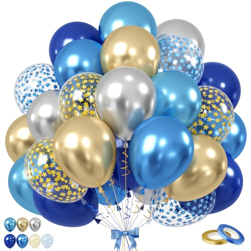 Image of Navy Blue Gold Silver Balloons, 60PCS Star Confetti Balloons, 12 Inch Pearl Navy Blue Metallic light Blue Silver Gold Latex Balloon Helium for Birthday Wedding Baby Shower Graduation Party Decorations